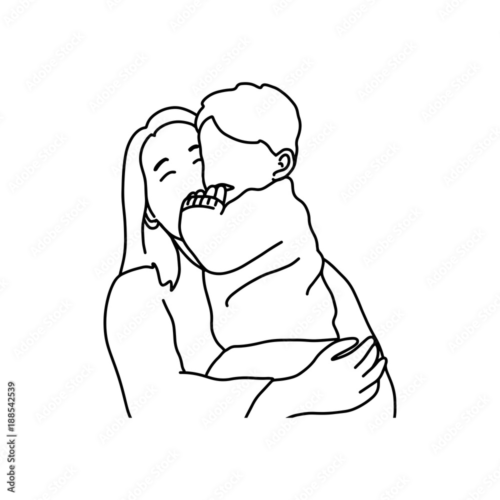 mother holding baby vector illustration sketch hand drawn with black lines, isolated on white background. family concept.