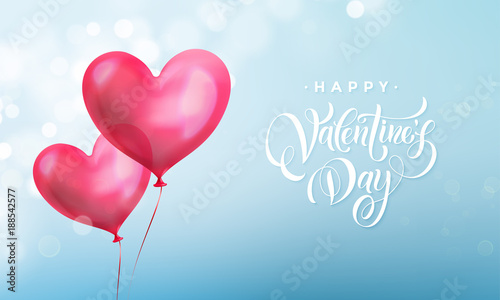 Valentines day lettering text on valentine red heart on blue light pattern background. Vector Happy Valentines day greeting card design template of glossy crystal heart