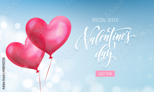 Valentines day sale poster or banner of valentine red heart on blue light pattern background. Vector Valentines day holiday shop discount promo design template of glossy crystal heart