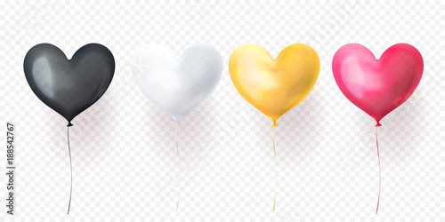 Heart balloon isolated glossy ballons for Valentines Day, wedding or birthday greeting card design. Vector heart helium balloon black, white, yellow and pink decoration set on transparent background