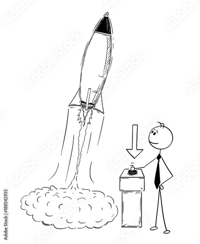 Cartoon stick man drawing conceptual illustration of businessman launching rocket. Business concept of success,company or career start up.
