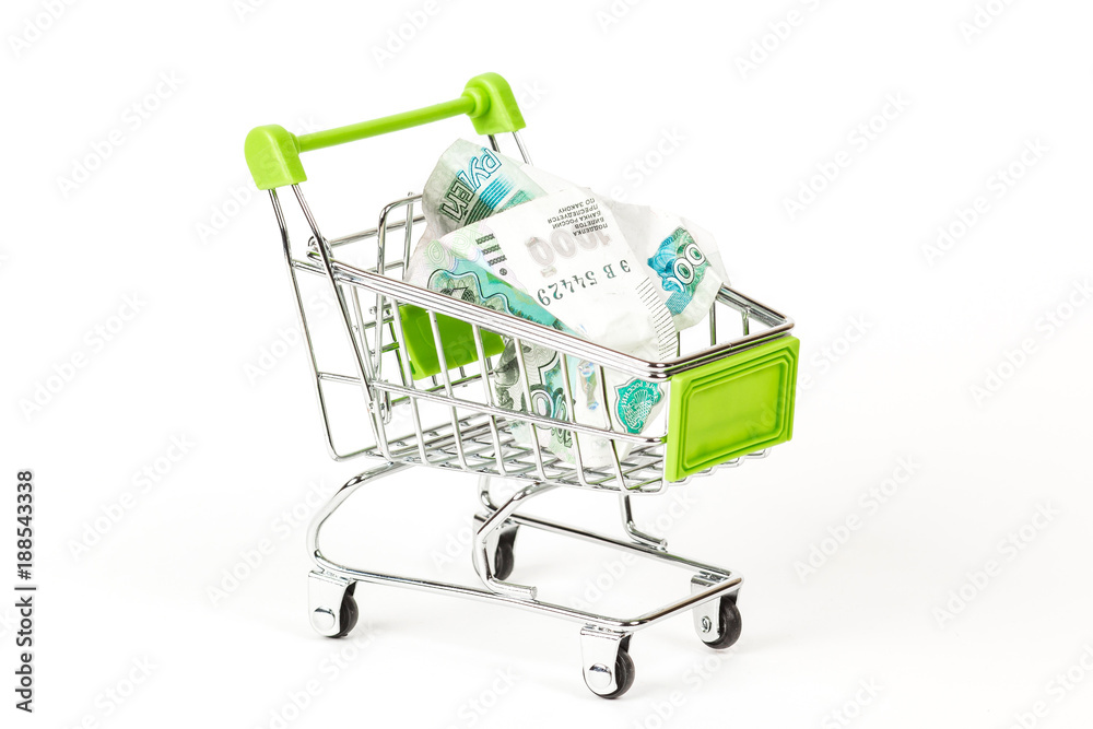 Food trolley, full of Russian 1000 banknotes. On a white background.