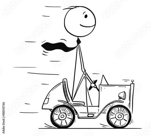 Cartoon stick man drawing conceptual illustration of businessman driving small car on his way to success. Business concept of success and career.