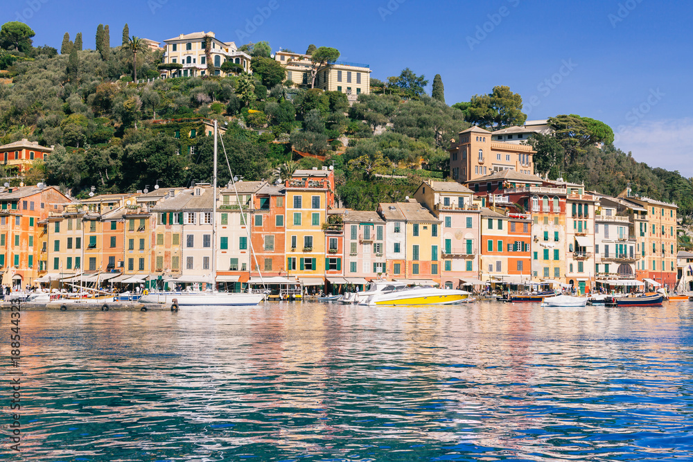buildings on coast and yachts in sea bay in Portovenere, Italy