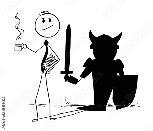 Cartoon stick man drawing conceptual illustration of confident businessman with coffee or tea cup and office files, and hero heroic knight warrior shadow on the wall.