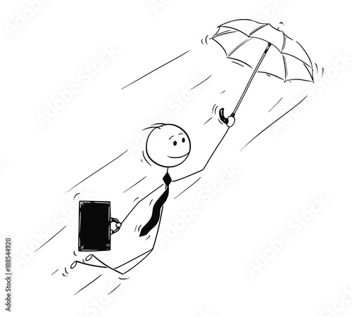 Cartoon stick man drawing conceptual illustration of businessman flying on umbrella. Business concept of creativity and individuality.
