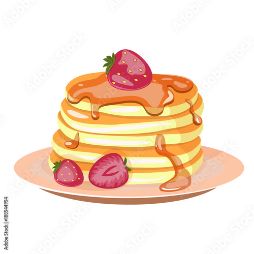 Traditional pancakes with strawberries, maple syrup and whipped cream.