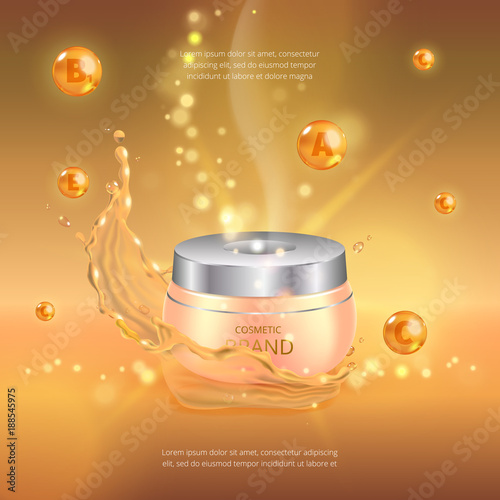 Digital vector gold oil essence mockup on, with your brand, ready for print ads or magazine design.