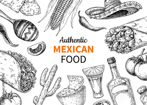 Mexican food and drink sketch.  Vector Tequila shot and  burito,