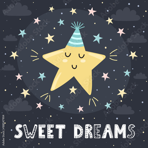 Sweet dreams card with a cute sleeping star and lettering. Vector illustration