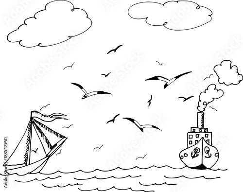 The sailboat and ship. Seagulls flying over the waves. Freehand sketch drawing for adult antistress coloring book