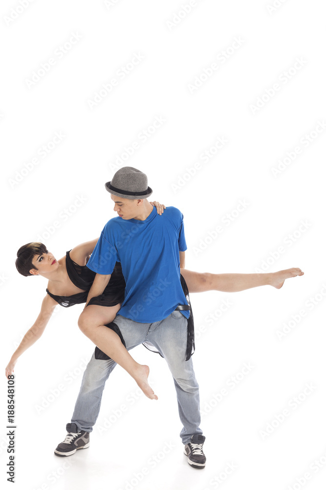 Two modern ballet dancers in dynamic action figure, on white background Two modern ballet dancers in dynamic action figure, on white background