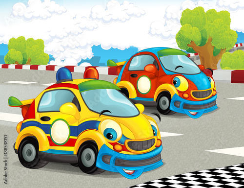 cartoon funny and happy looking racing cars on race track - illustration for children