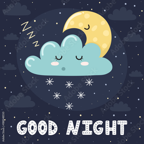 Good night card with cute sleeping cloud and the moon. Sweet dreams background. Vector illustration