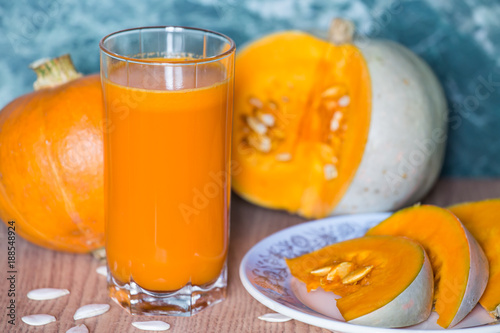 Pumpkin juice in glass in kitchen