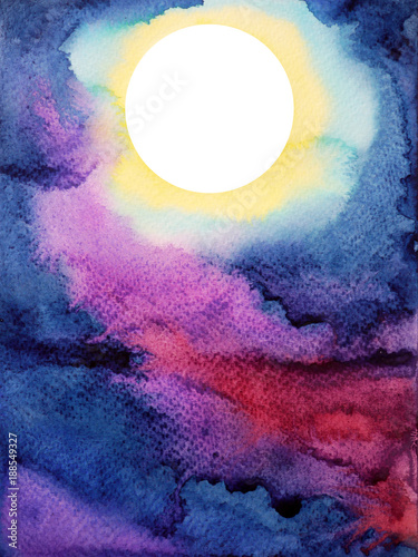 Fotografie white big full moon on dark blue night sky watercolor painting illustration desi