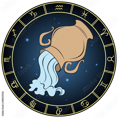 Aquarius. Color zodiac sign in the circle frame.