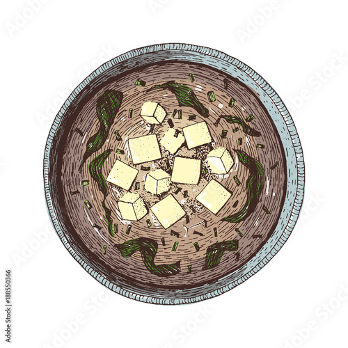 Miso soup top view, japanese food. Hand drawn illustration. Linear graphic. Cartoon style.