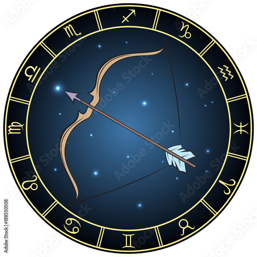 Sagittarius. Color zodiac sign in the circle frame.