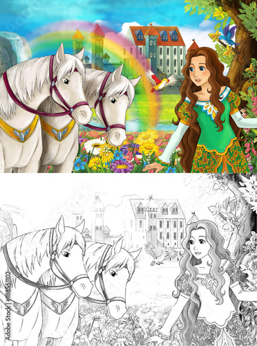 cartoon scene with young princess watching two white horses near beautiful medieval castle waterfall and rainbow with coloring page illustration for children © honeyflavour