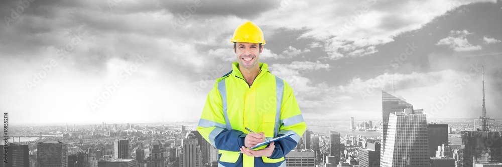 Construction Worker over large city buildings Construction Worker over large city buildings