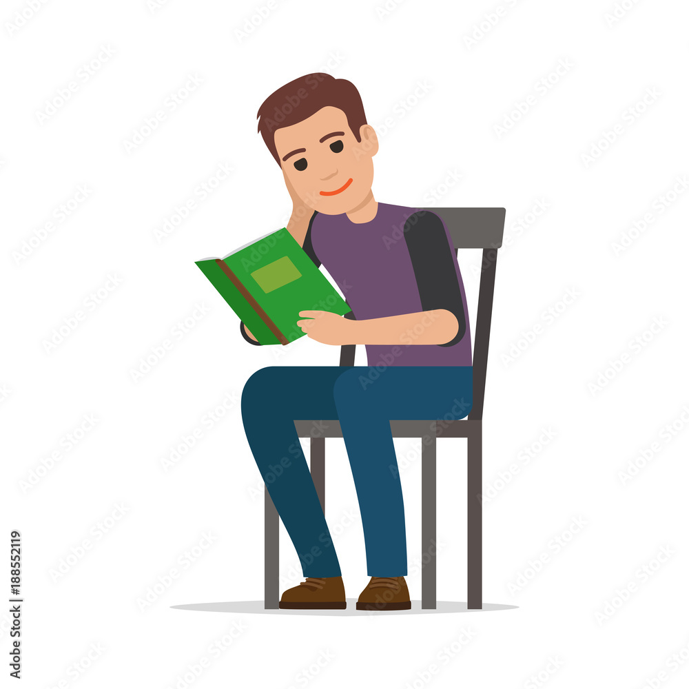 Student Seating and Reading Textbook Flat Vector 