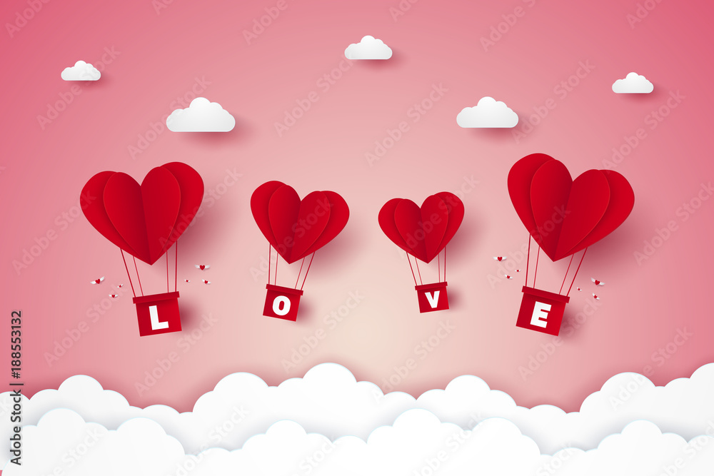 Valentines day , Illustration of love , red heart hot air balloons with lettering flying on sky , paper art style