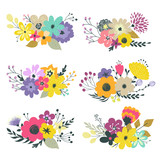 Colorful vector set of floral compositions in gentle colors.