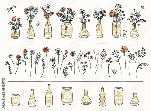 Set of hand drawn flowers and golden vases for Valentine's Day or Birthday cards
