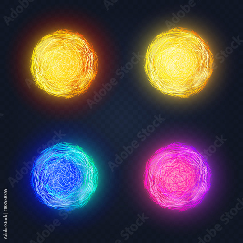 Vector illustration of different abstract luminous colored shape glowing circles on dark background.