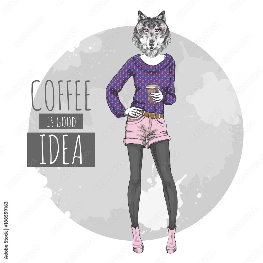 Fototapeta premium Retro Hipster fashion animal wolf with coffee. Woman model