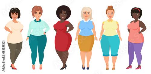 Vector Cartoon happy and smiling plus size woman females. Curvy, overweight girl in casual dress clothes.