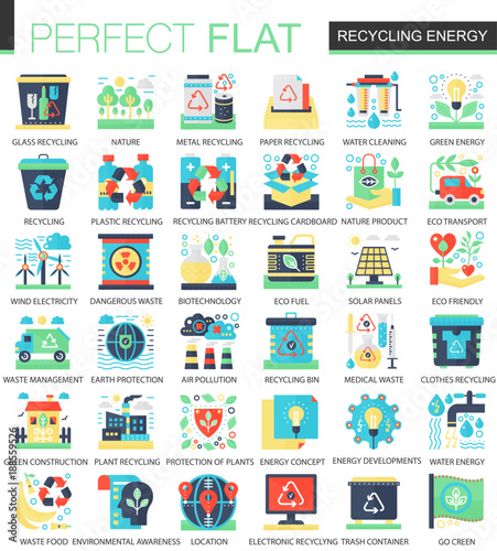 Recycling green energy vector complex flat icon concept symbols for web infographic design.