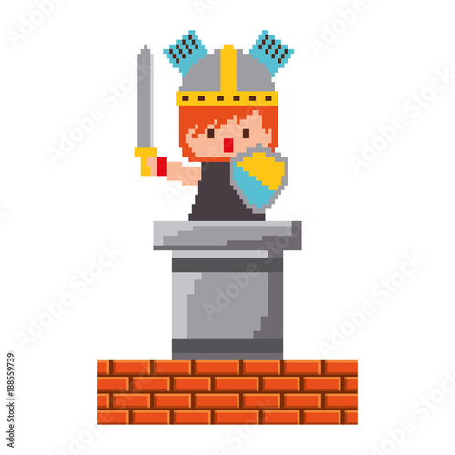 pixel character knight game wall brick vector illustration © Gstudio
