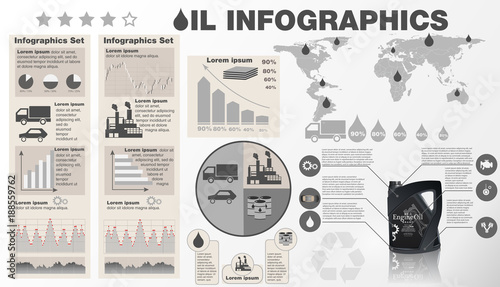 Oil industry infographic vector illustration. Template with map,and Bottle engine oil  icons, charts and elements for web design. Production, transportation. 