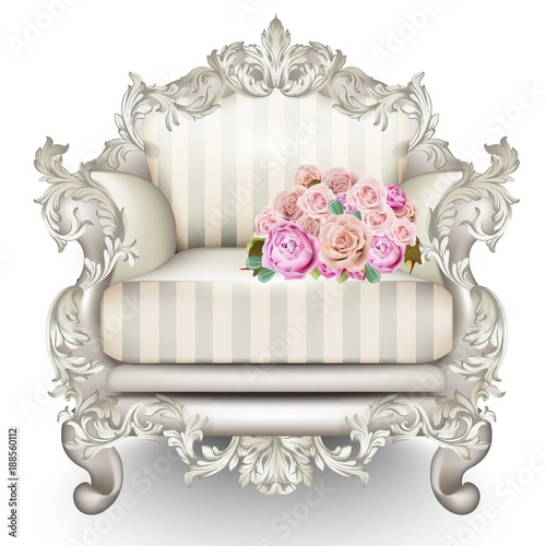 Baroque luxury armchair. Rich Furniture carved ornamented. Vintage striped fa...