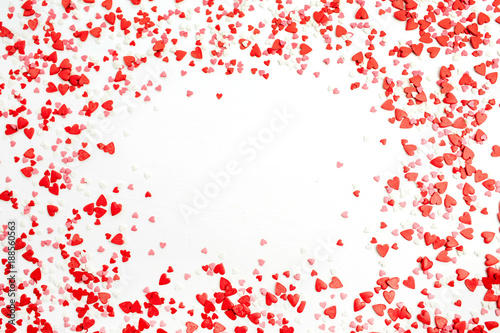 Valentine s Day background. Flat lay  top view frame of red  pink and white hearts. Love concept.