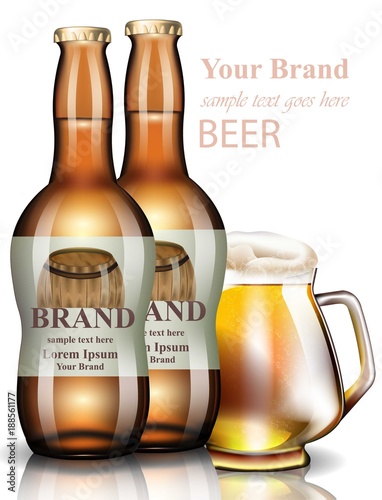 Beer bottles Vector realistic. Product packaging vintage label design. 3d ill...