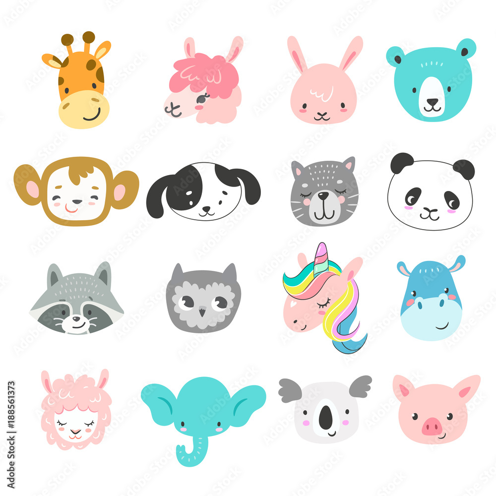 Set of cute hand drawn smiling animals characters. Cartoon zoo. Vector illustration. Giraffe, llama, bunny, bear, monkey, dog, cat, panda, raccoon, owl, unicorn, hippo, sheep, elephant, koala and pig