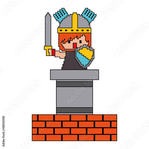 pixel character knight game wall brick vector illustration