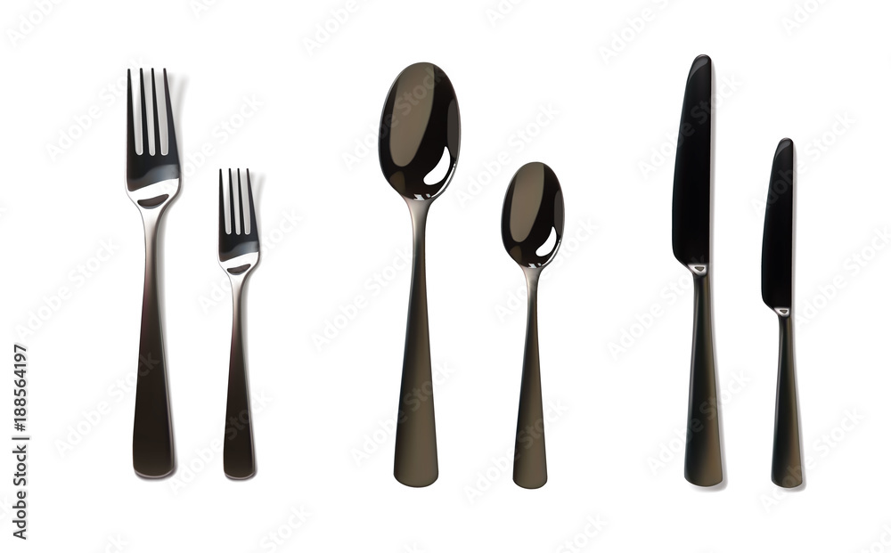 Fototapeta premium Realistic fork and knife mockup. Stainless steel, silver kitchenware, flatware. Isolated vector illustration on a white background ready for your design