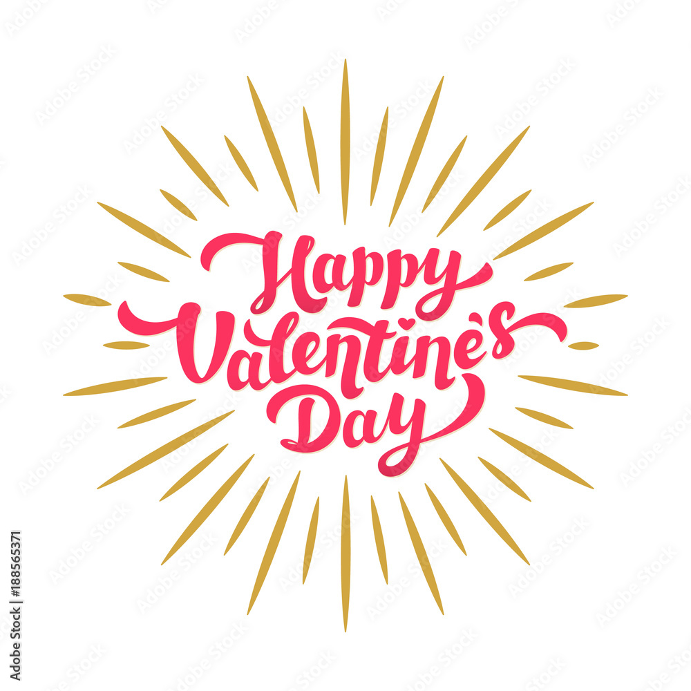Happy valentines day hand drawing lettering card design. Bright pink inscription with gold rays on white background.
