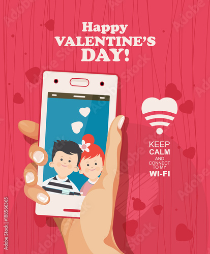 Happy Valentine Day vector illustration. Selfie of young couple in love. Phone dating photo