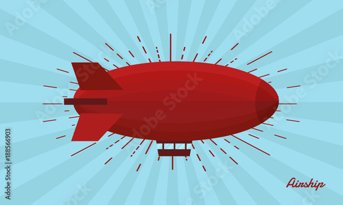 Red zeppelin airship on a blue background with light rays. Retro vintage poster