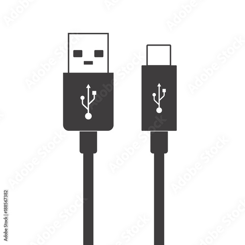 Micro USB cables simple flat icons Connectors and sockets for PC and mobile devices. USB type-A, USB type-c. Vector illustration