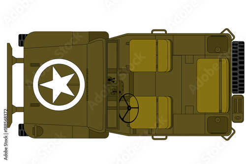 vintage military car, top view, isolated on the white background