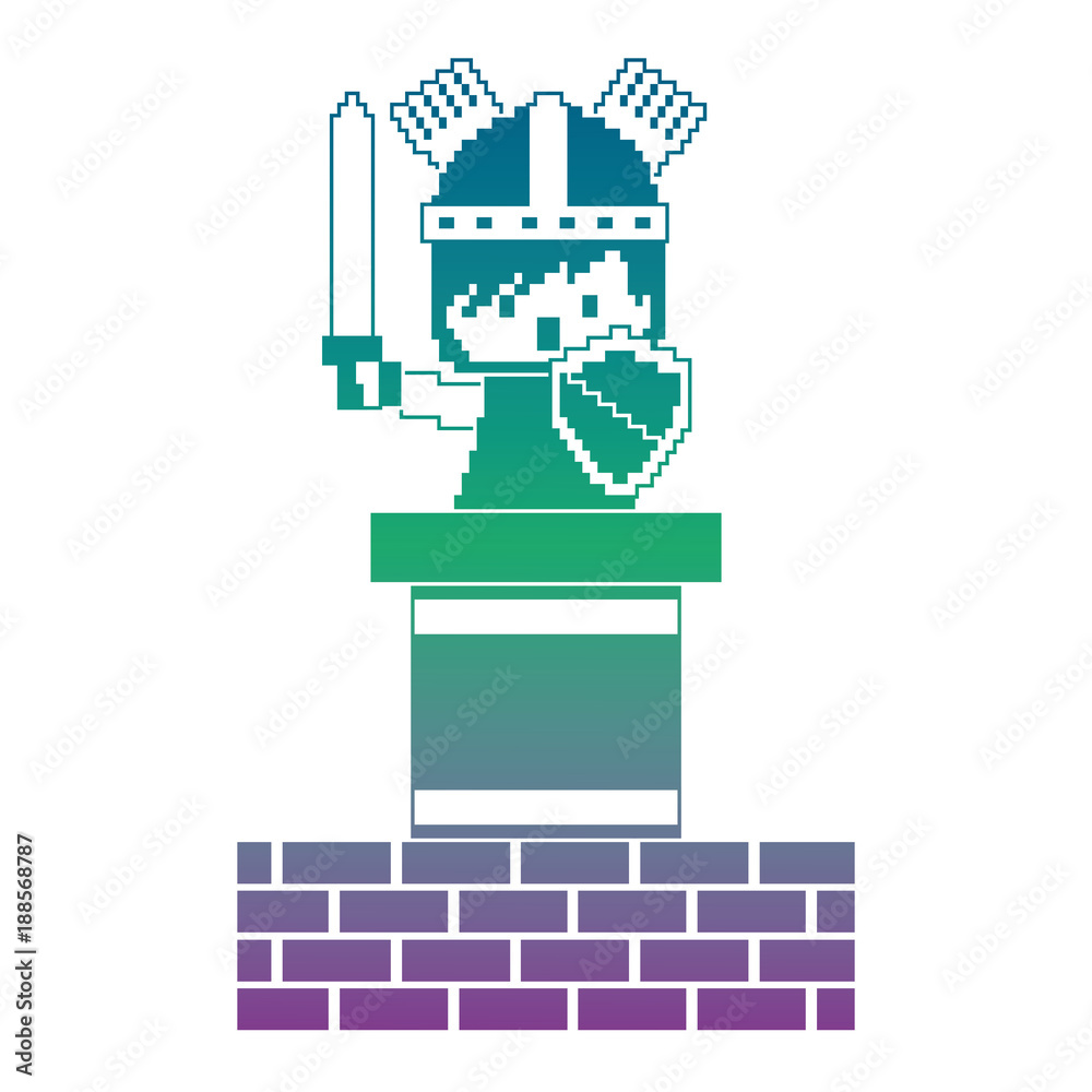 pixel character knight game wall brick vector illustration blur background color gradient
