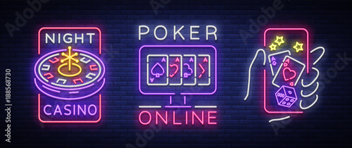 Casino is a set of neon signs. Logo collection in neon style, luminous banner, bright neon advertising online poker, gambling, casino for your projects. Play money online. Vector illustration