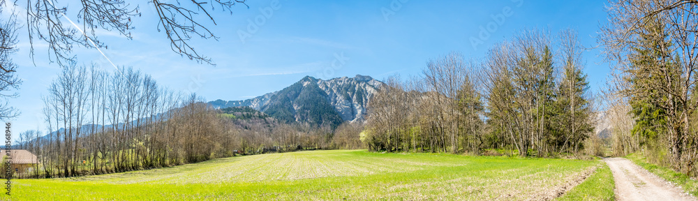 Natural scenic view of Chichilianne, countryside small town in France, with mountain in background
