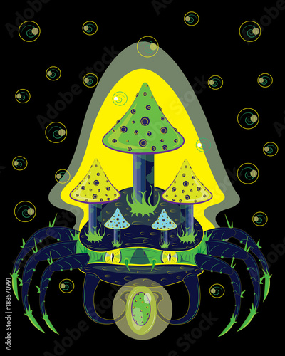 Magic crab with mushrooms on a back